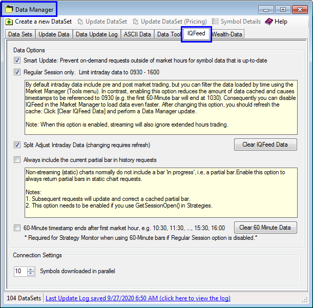 IQFeed options in the Data Manager