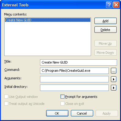 1. Configure CreateGuid.exe as an External Tool