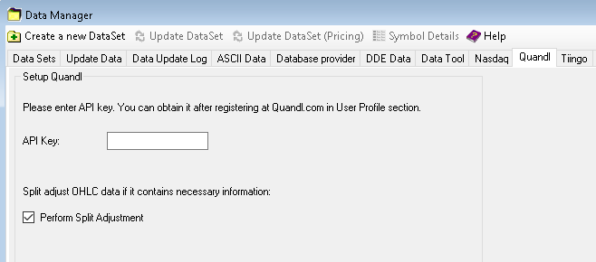 Enter Quandl auth token in Data Manager