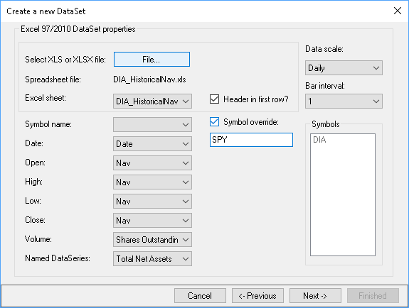 Setting up an Excel DataSet