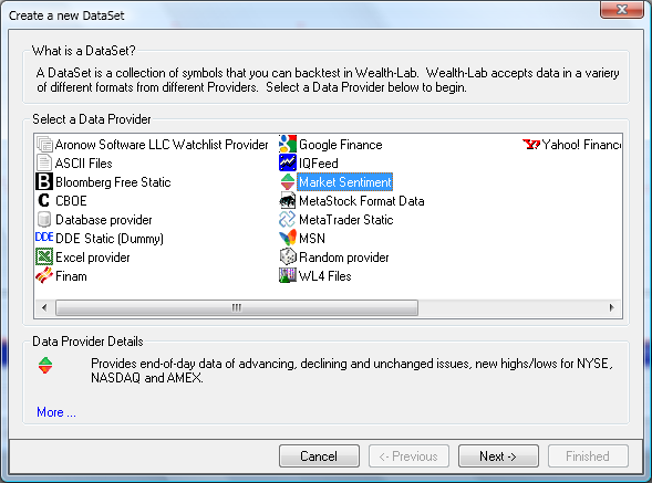 Select 'Market Sentiment' in the New DataSet Wizard